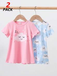 Set de 2 camisones para niñas bebé con estampado completo de nubes y ribete de puño y dobladillo con diseño de nubes lindas - Multicolor - Ver 4
