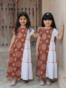 SHEIN 女童印花荷叶边下摆圆领短袖连衣裙