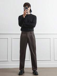HUEFORM Men's Coffee Brown Cropped Straight Leg Business Pants Woven Fabric Plain Zipper Details - Coffee Brown - View 2