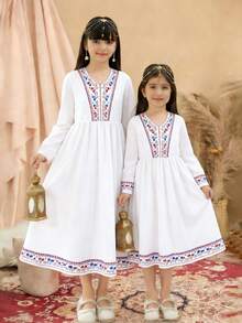Sparklyn Girls White A Line Long Sleeve Dress Flared Long With Geometric Pattern V Neck Everyday Casual Polyester - White - View 4