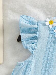 Genkimix Kids Abito in maglia senza maniche per ragazze, tessuto strutturato, color block, applicazione floreale, decorazione a tulipano, casual per uso quotidiano, novità primavera/estate - Blu - Visualizzare 7