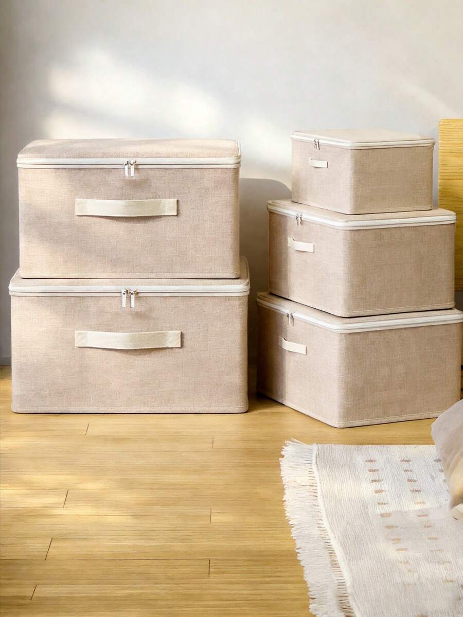 布艺收纳箱 可折叠布盒 带盖 适用于衣物、玩具和家居收纳 棉麻材质 卧室收纳整理箱 - 米白色 - 查看 1