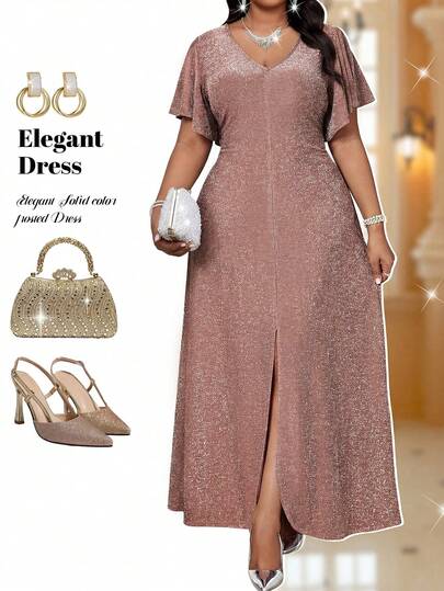 Fleurora Spring And Summer Autumn And Winter Elegant Party Wedding Valentine's Day Cocktail Party Concert/Music Festival Brown Woven Overlap Collar Flared Split Flounce Sleeve Long Long Sleeve Plus Size Dresses Spring Dress Spring Clothes Women Valentine's Day Dress Valentine Outfits For Women Carnival Women Look 2026 Women's Carnival Costume Party Dress Elegant Party Dress Elegant Party Dresses Wedding Guest Dress For Women Wedding Party Dress Elegant Dress Formal Dress Sparkly Dress