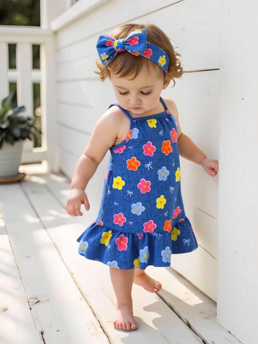 SHEIN Playful Pals 女婴休闲可爱碎花牛仔印花连衣裙，适合休闲度假，夏季可爱装扮 - 藍色 - 查看 1
