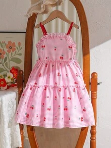 SHEIN Young Girls Cherry Digital Print Dress With 3D Cherry Frill Trim, Sleeveless A-Line, Casual, Beach, Party, Summer - Pink - View 2