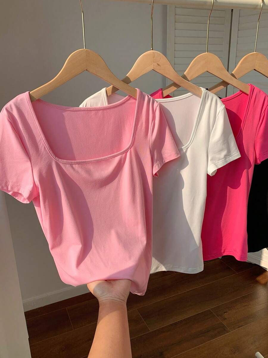 Comfortcana Bộ 4 áo thun nữ tay ngắn cổ vuông, kiểu dáng thường ngày, màu trơn, thích hợp mặc mùa hè. - Nhiều màu - Xem 1