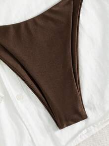 Swim SXY Ladies' Spring/Summer Beach Music Festival Brown Shiny Fabric Chain Metal Jewelry Thong Neck Hanging Fashion Elegant Bikini Set - Brown - View 3