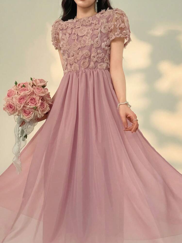 DAZY Robe mi-longue élégante à manches courtes, col rond, appliqué de couleur unie pour femme - Rose bonbon - Voir 7