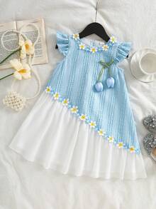 Genkimix Kids Abito in maglia senza maniche per ragazze, tessuto strutturato, color block, applicazione floreale, decorazione a tulipano, casual per uso quotidiano, novità primavera/estate - Blu - Visualizzare 9