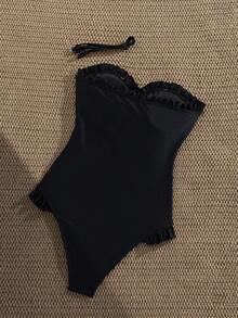 Swim Vcay 女士优雅复古休闲黑色连体泳衣，胸前系带，荷叶边设计，收腰，可拆卸肩带，修身剪裁，适合海滩、度假、春假、秋季节日、音乐节等场合。黑色荷叶边连体泳衣，收腹连体泳衣，可爱连体泳衣，黑色连体泳衣，黑色连体泳衣，连体比基尼，荷叶边连体泳衣，女士连体泳衣。 - 黑色 - 查看 8