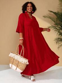 BrightlyHer Plus Size Red Satin Boho Dress For Women,Solid Color Maxi Casual Vacation Holiday Outfits,Autumn Spring Bohemian Beach Clothing,Summer Plus Dresses - Burgundy - View 6