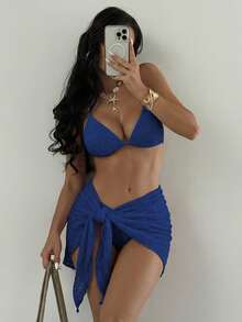 SHEIN Swim 3 件套女士度假沙滩泳衣套装，带衬垫的坦基尼 - 藍色 - 查看 3