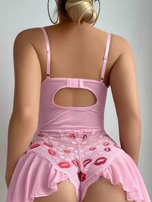 Valentine's Day Kiss Mark Lace Contrast Mesh Ruffle Slit Suspender Bodystocking, 2pcs Stockings, 3pcs Set - Pink - View 2