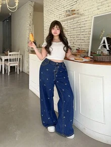 SHEIN MOD 大尺碼深藍色休閒直筒牛仔長褲 小碎花圖案 浪漫春夏牛仔褲 - 深色水洗藍 - 查看 6