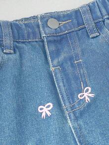 SHEIN Young Girl' Colorful Bow Embroidered Denim Jeans - Light Wash - View 3