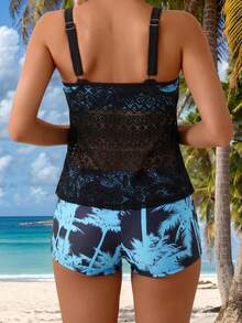 Swim Lushoire 2pcs Women Camisole Bikini Top & Gradient Coconut Tree Print Shorts Swimsuit, Summer - Multicolor - View 2