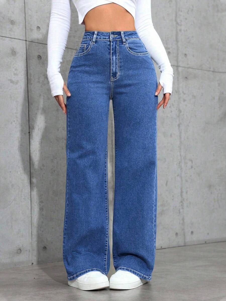 SHEIN Teen Girl Casual Straight Leg Jeans With Slant Pockets - Medium Wash - View 1