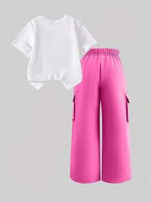 SHEIN ChillGRL Bộ 2 chiếc/Bộ áo phông thêu nơ thường ngày cho bé gái tuổi teen và quần túi hộp, trang phục xuân/hè - Màu Hồng Tươi - Xem 2