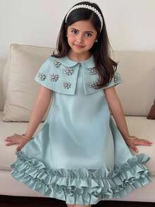 SHEIN Tween Girl Elegant Rhinestone Decorated Cape Collar Straight Dress Set Tween Girl - Green - View 3