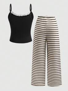 SHEIN 少女夏季休闲蕾丝边吊带背心和条纹裤套装 - 黑色 - 查看 8