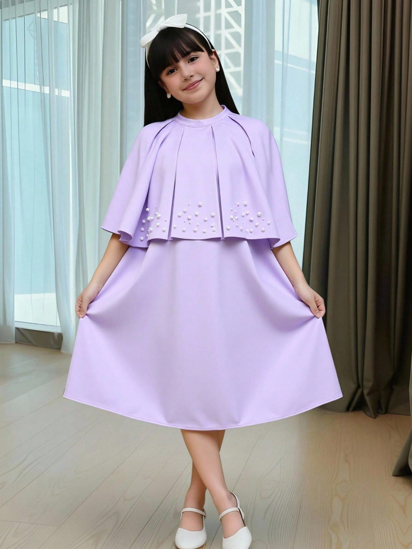 فستان فضفاض أنيق للفتيات المراهقات بياقة مستديرة ب...