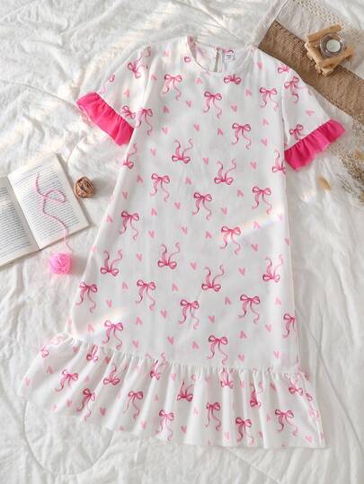 Camisón/vestido casual y holgado con estampado de mariposa, cuello redondo y volantes en el bajo para niñas