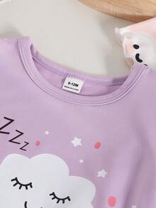 2pcs/Set Baju Tidur Bayi Perempuan Motif Awan Lucu dengan Hiasan Awan Penuh dan Bagian Bawah Manset - MultiWarna - View 6