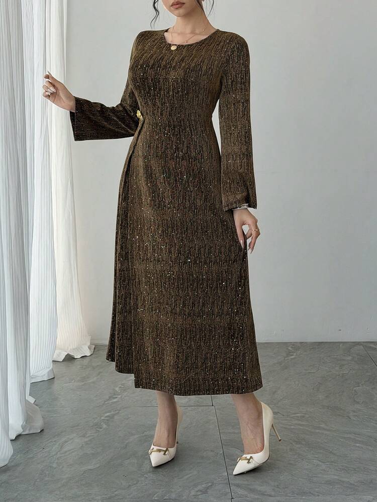 Women's Elegant Party Banquet Metallic Lurex Flare Sleeve Waist Cinched Long Dress Sundress