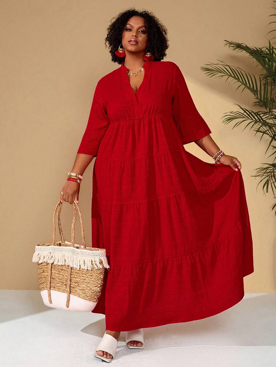 BrightlyHer Plus Size Red Satin Boho Dress For Women,Solid Color Maxi Casual Vacation Holiday Outfits,Autumn Spring Bohemian Beach Clothing,Summer Plus Dresses - Burgundy - View 1