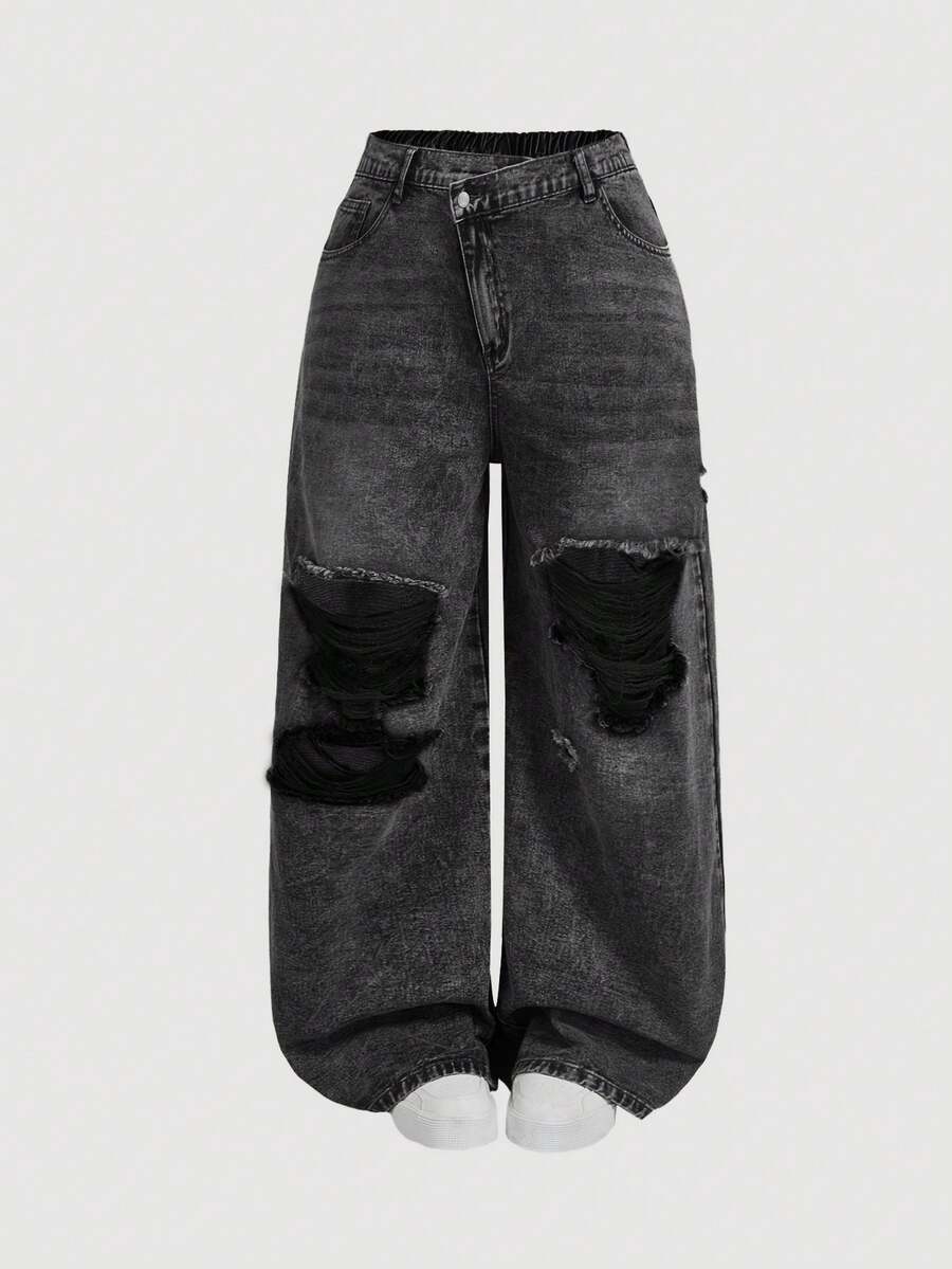 SHEIN MOD Plus-Size Black Jeans, Casual Ripped Wide-Leg Pants, Summer Y2K Style, Comfortable Elastic Waistband. - Black - View 1
