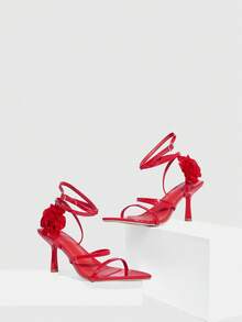 CUCCOO SZL 女士时尚优雅3D花卉装饰高跟凉鞋 - 紅色 - 查看 3