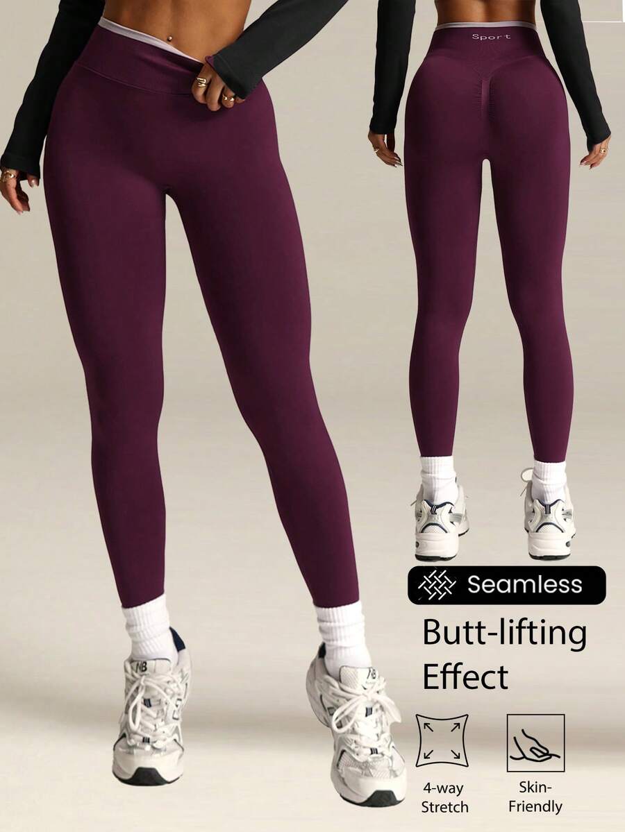 Contrast Waistband Seamless Knit Sports Leggings - Bold Plum - View 1