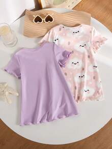 2pcs/Set Baju Tidur Bayi Perempuan Motif Awan Lucu dengan Hiasan Awan Penuh dan Bagian Bawah Manset - MultiWarna - View 2