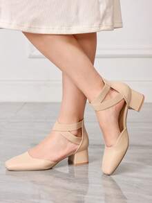 Sleekvia 女鞋方头粗跟杏色时尚镂空松紧带优雅百搭舒适通勤女式高跟鞋镂空鞋 - 奶茶杏 - 查看 6