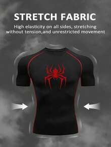 Manfinity Sport Corelite Men's Spider Print Raglan Short Sleeve Casual Fitness Workout T-Shirt Compression Shirt Men Rash Guard Men Spandex Shirts Men's Compression Tops Men's Compression Shirts - Black - View 3