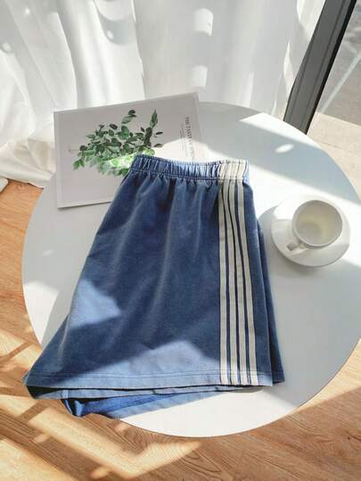 Comfortcana Plus Size Women Blue Tie-Dye Side Stripe Shorts New Year,Thanksgiving,Party,Wedding,Beach,Graduati,Chic,Elegant,Casual,Going Out,Date,Appointment,Commute