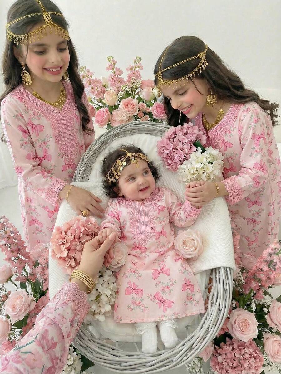 SHEIN Young Girl Embroidered Butterfly Print Casual Loose Long Sleeve Dress For Daily Wear Flower Girl For Wedding - Pink - View 1