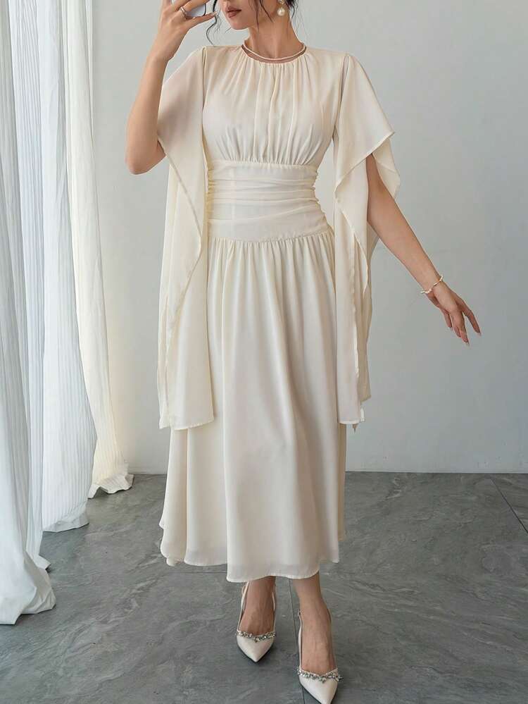 Women's Elegant Party Dress, Solid Color, Ruched Waist, Side Slit Sleeves Sundress