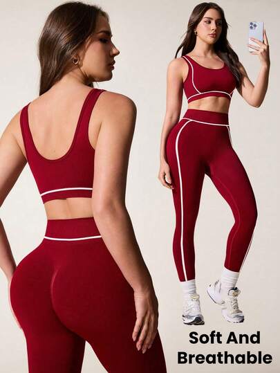 Core Rhythm Conjunto de top de tirantes y leggings estilo dopamina color borgoña para mujer, apto para fitness, yoga y actividades al aire libre