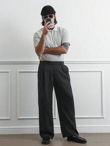 HUEFORM Quần ống rộng ống đứng, hai nút, dáng rộng thoải mái, họa tiết sọc dành cho nam, phù hợp cho mùa xuân và mùa thu - màu đen - Xem 5