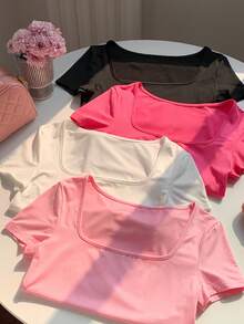 Comfortcana Bộ 4 áo thun nữ tay ngắn cổ vuông, kiểu dáng thường ngày, màu trơn, thích hợp mặc mùa hè. - Nhiều màu - Xem 6