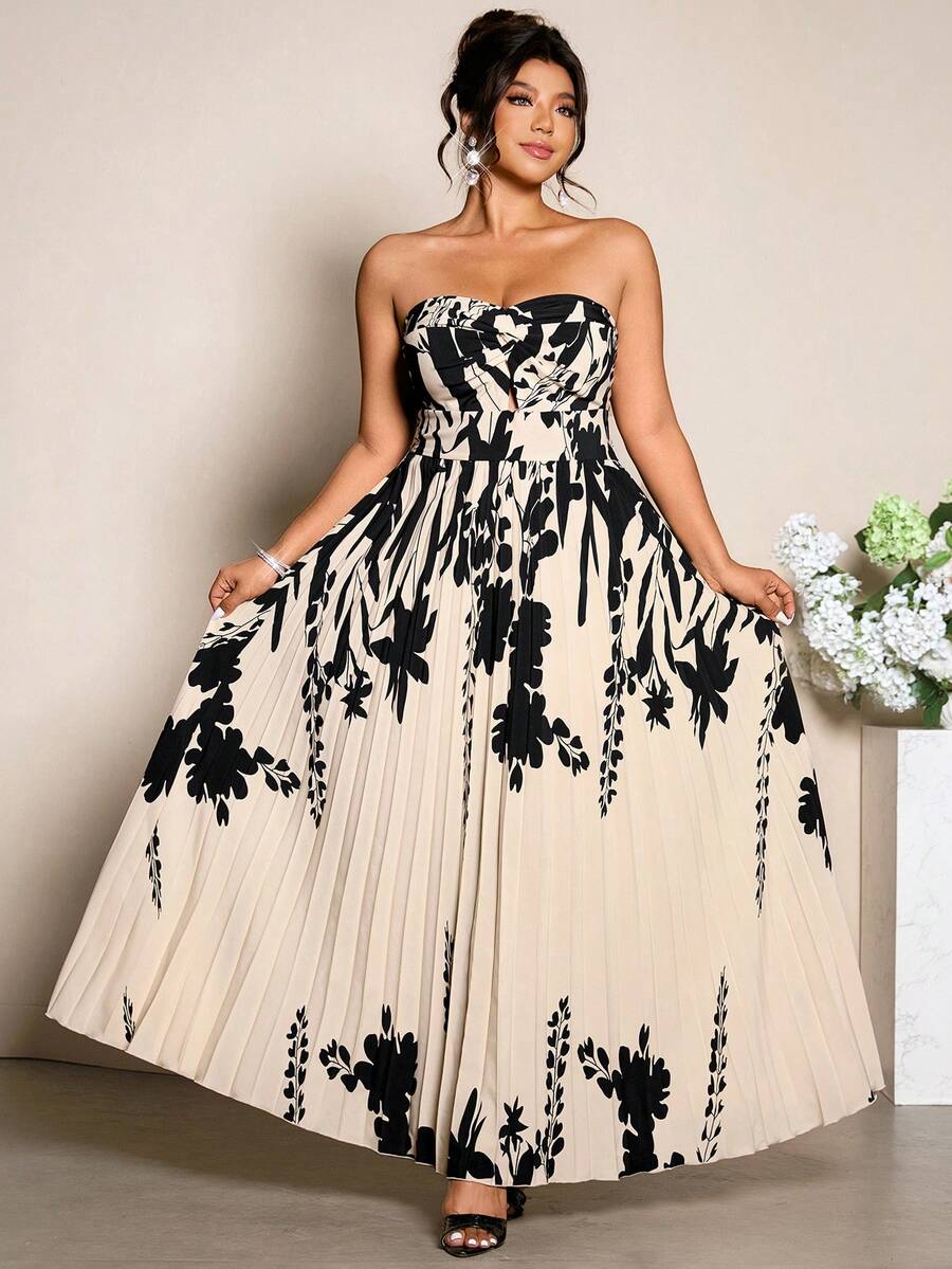 SHEIN Tall CURVE Plus Size Women's Beige Elegant Summer Maxi Dress,Twist Print Ruffle Hem Off-The-Shoulder Holiday Wedding Guest Formal Boho Party Vacation Dress - Apricot - View 1