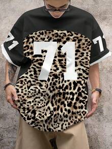 Manfinity Camiseta casual de hombre con estampado de leopardo y gráfico numérico, para verano - Multicolor - Ver 1