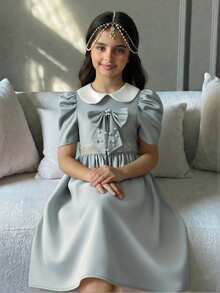 Vestido lindo con cuello Peter Pan, mangas cortas abullonadas y decoración de lazo para niña preadolescente con bloques de color - Verde - Ver 5