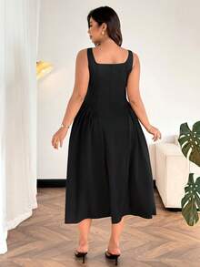 Easura 大码女士优雅无袖褶皱A字连衣裙，适合通勤，春夏穿着 - 黑色 - 查看 2