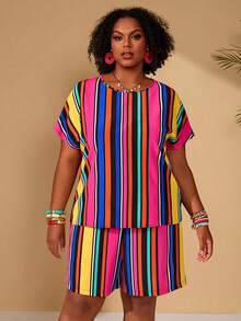 EMERY ROSE Bộ trang phục thường ngày dành cho nữ cỡ lớn, phối màu patchwork gồm áo tay ngắn và quần short. - Nhiều màu - Xem 7