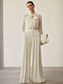 MOTF PREMIUM 春夏杏色V领系带袖口长袖宽松时尚OL衬衫 - 杏色 - 查看 5