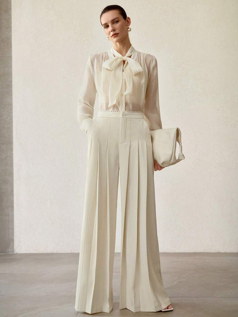 MOTF PREMIUM 春夏杏色V领系带袖口长袖宽松时尚OL衬衫 - 杏色 - 查看 1