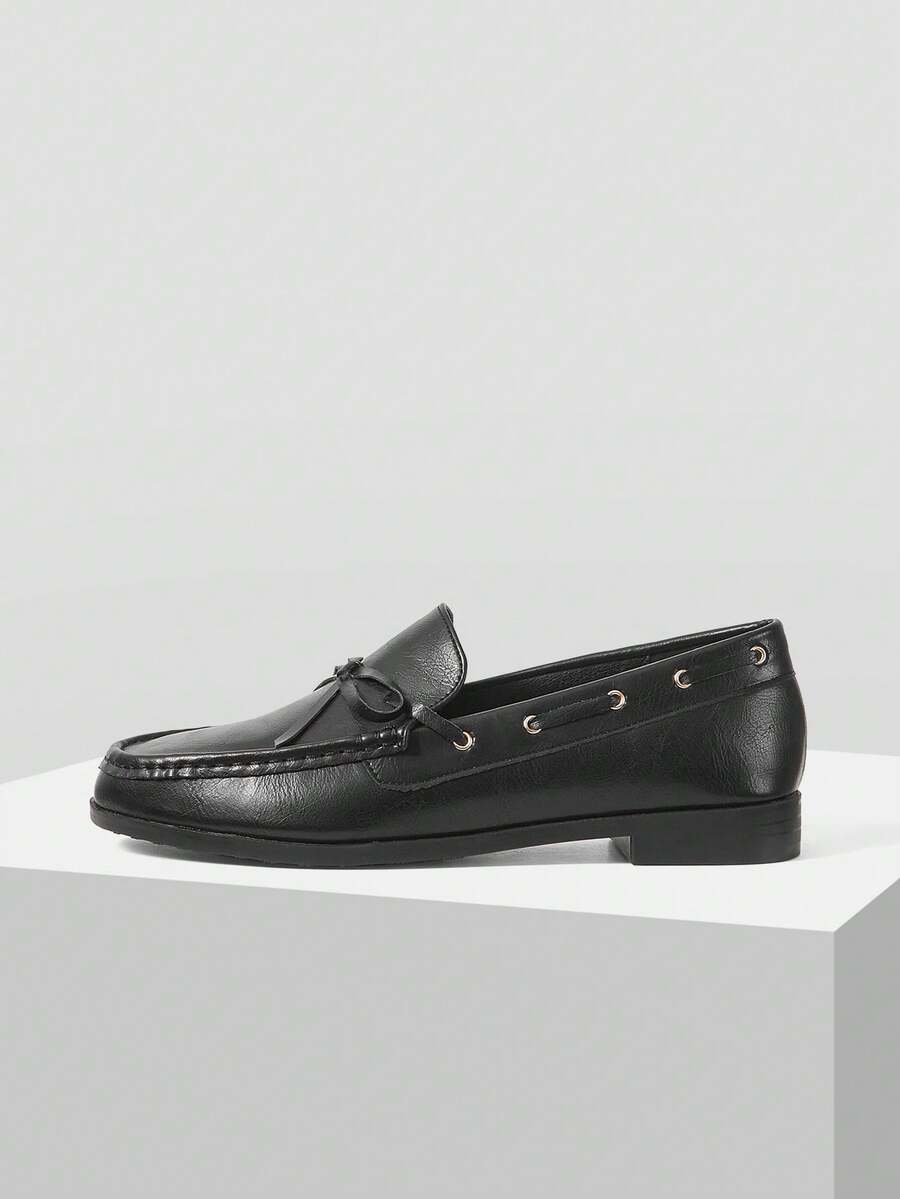 Mnmlis Retro Small Round Head Temperament One-Pedal Low-Heeled Small Leather Shoes Women's Platform Bow Commuter Loafers Valentine's Day