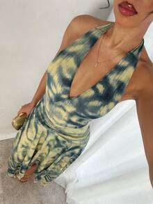 Glamine Women's Dark Yellow Tie Dye Halter Backless Asymmetrical Hem Dress,Stretchy Bodycon Boho Summer Holiday Vacation Long Beach Wedding Guest Sun Dress - Multicolor - View 5